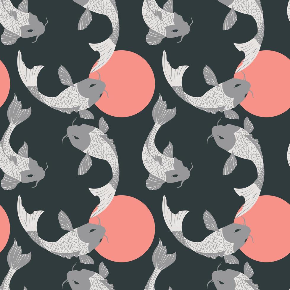 Seamless pattern with carp koi fish and suns on dark gray vector