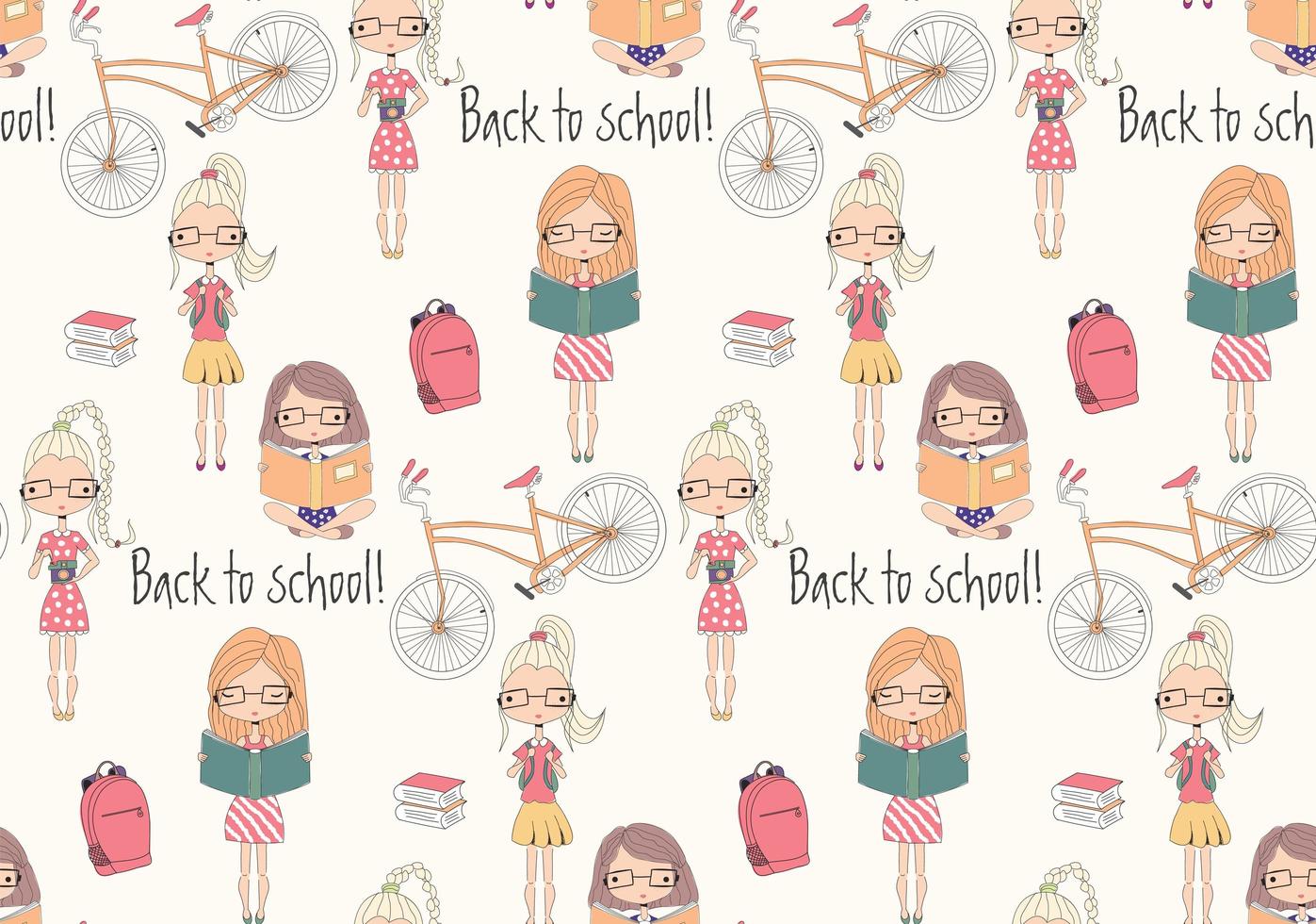 Back to school seamless pattern with school girls, bicycle and books vector