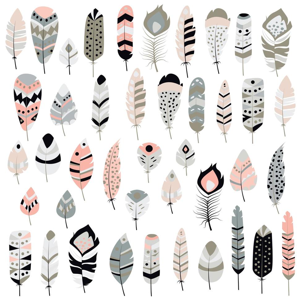 Collection of boho tribal hand drawn feathers vector