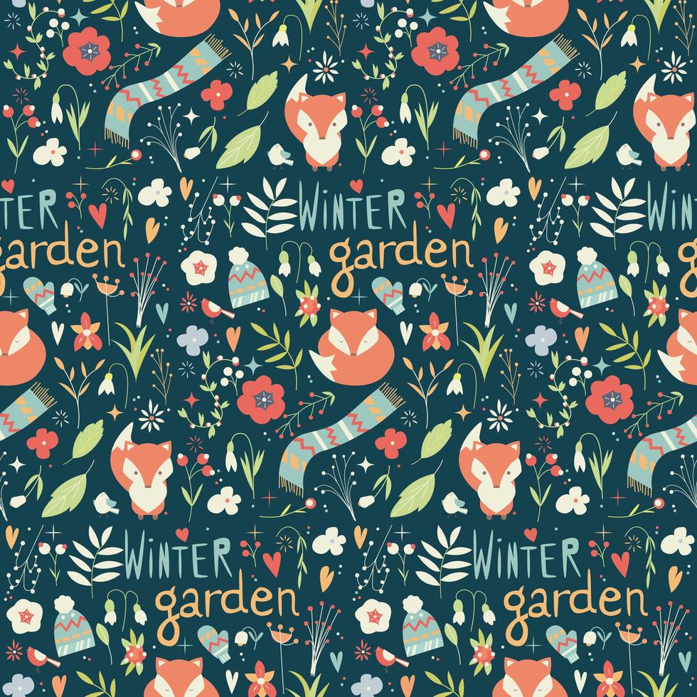 Seamless pattern with flowers, foxes, scarf, hat and mittens vector