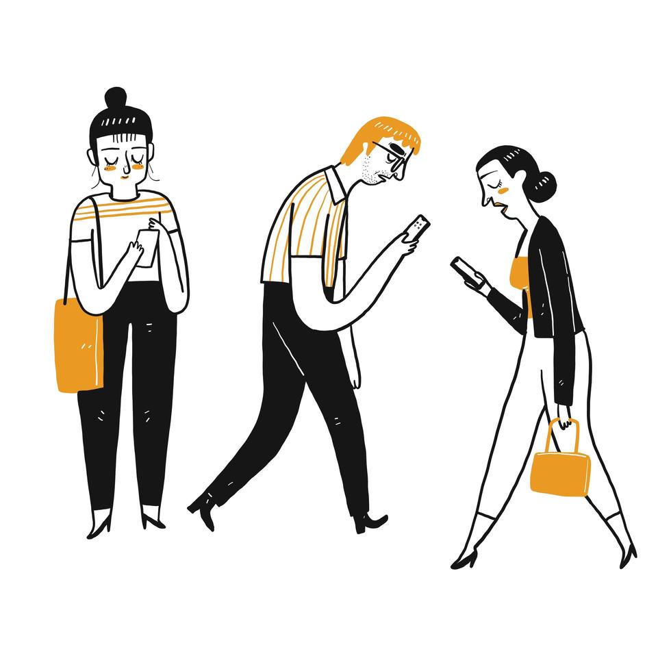 Character set of people using a smartphone. vector