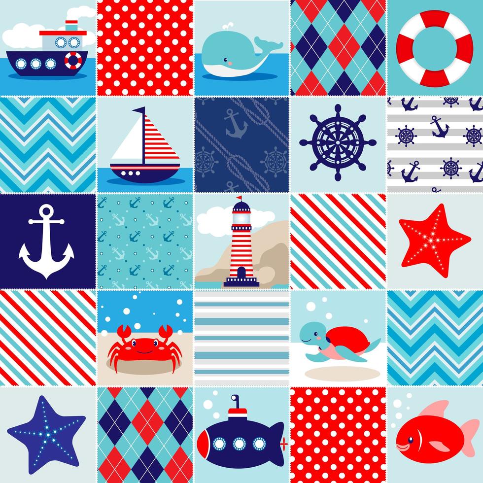 Nautical themed background patchwork patterns vector