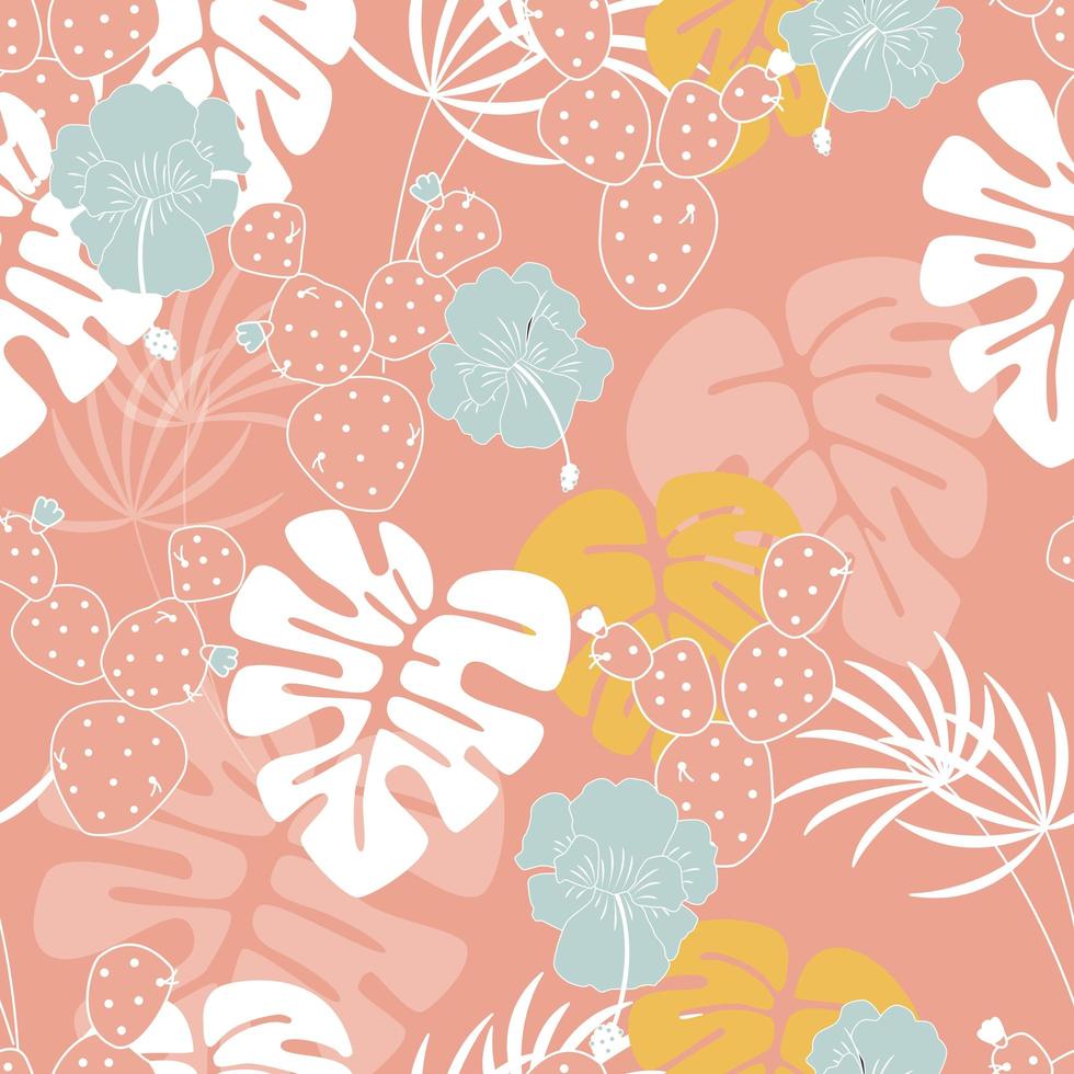 Seamless tropical pattern with monstera palm leaves, plants, flowers  vector