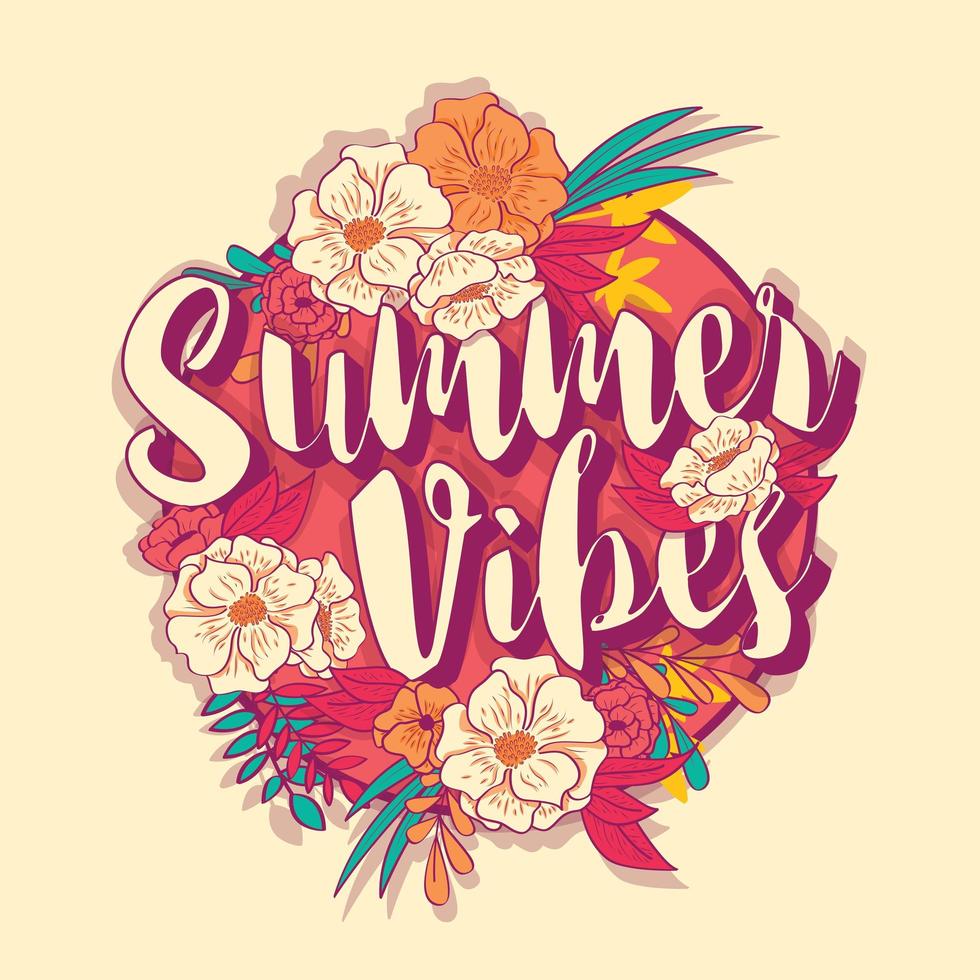 Summer vibes typography banner in tropical flower frame vector