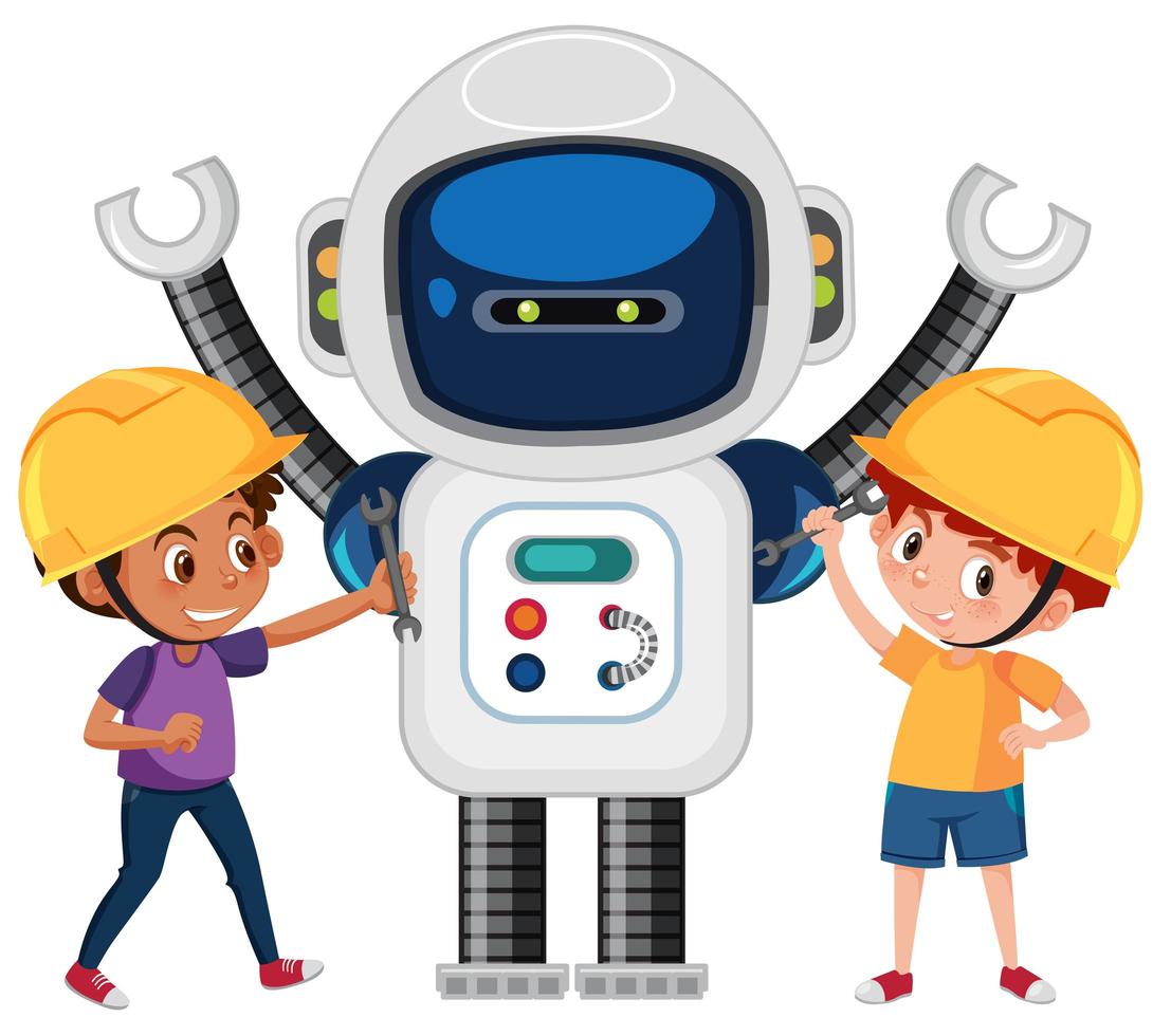 Chicos jugando con robot vector