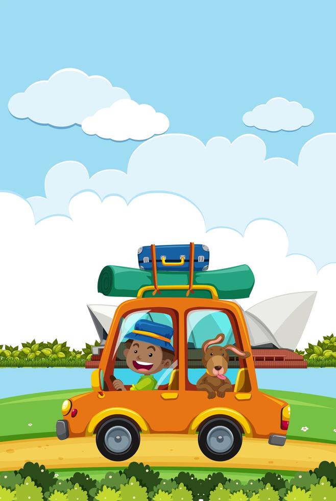 Man going on a roadtrip in front of Sydney opera house vector