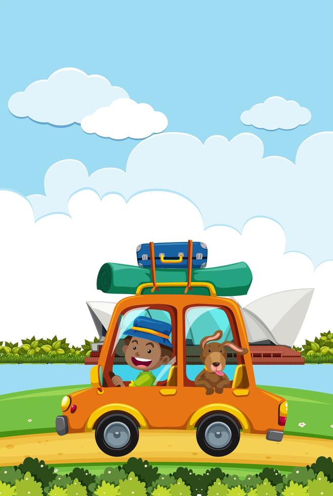 Man going on a roadtrip in front of Sydney opera house vector