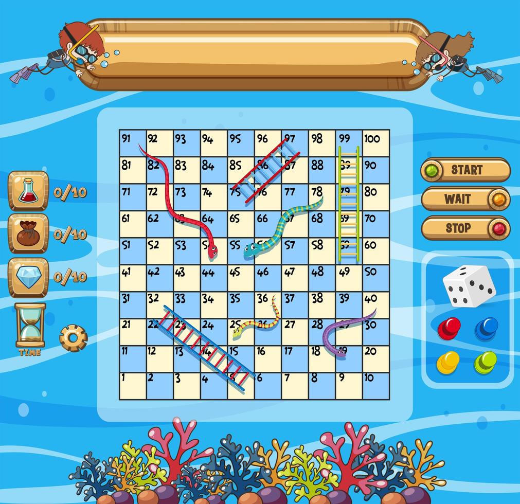 Underwater scene with snakes and ladders game template vector