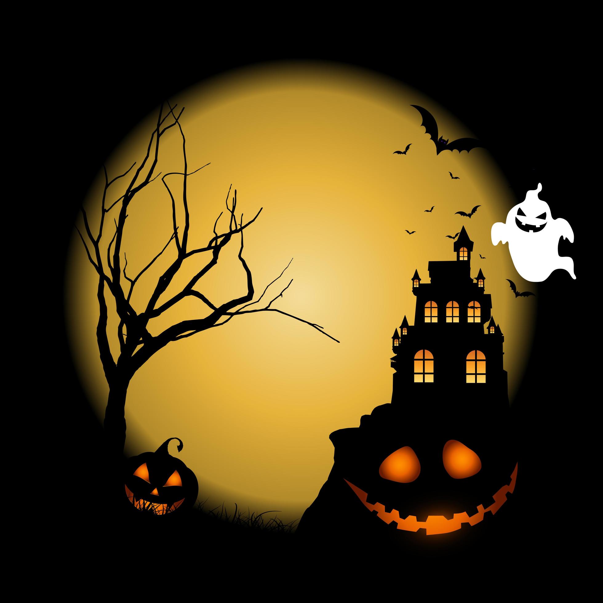 Fondo de Halloween con calabazas contra el paisaje del castillo 694441