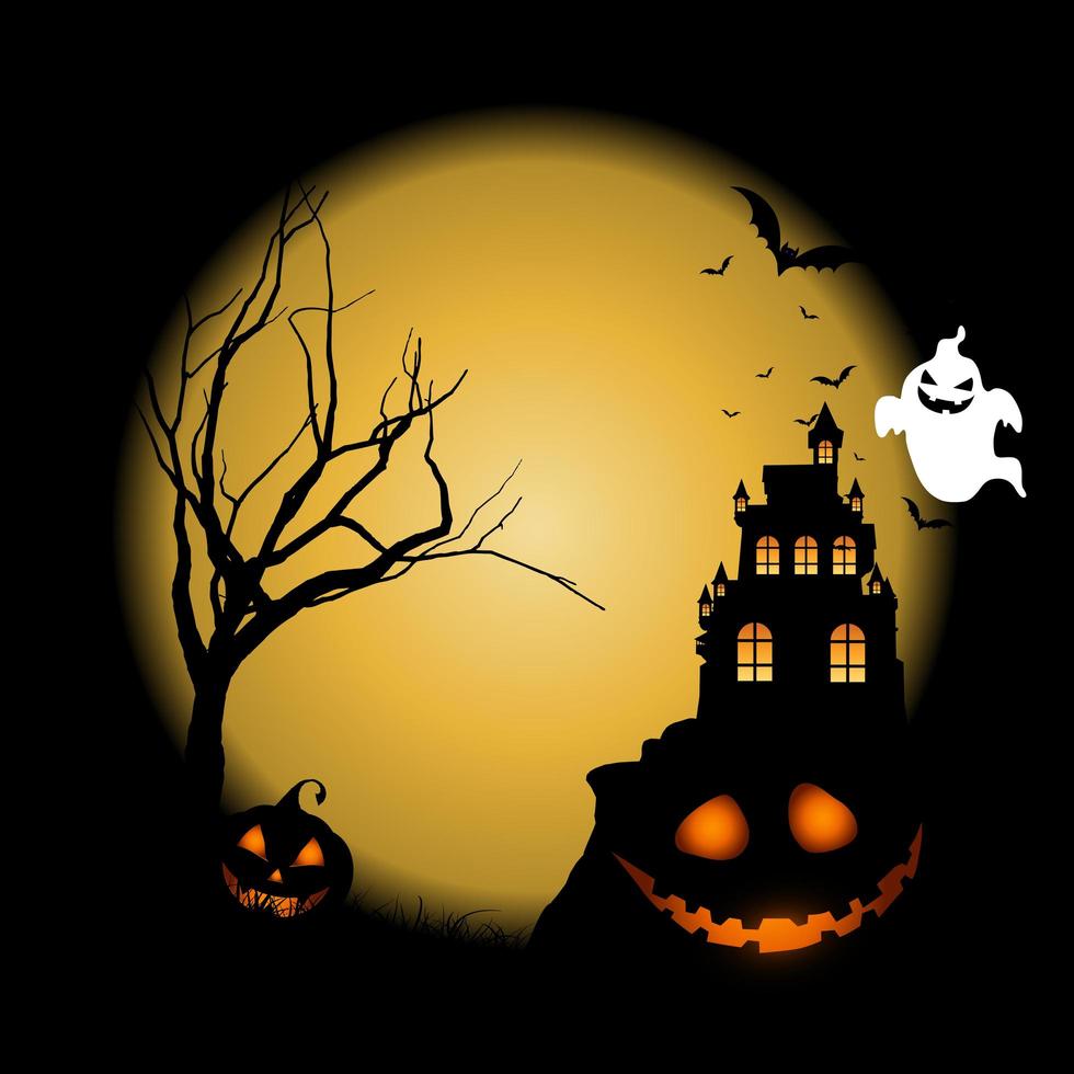 Halloween background with pumpkins against castle landscape vector