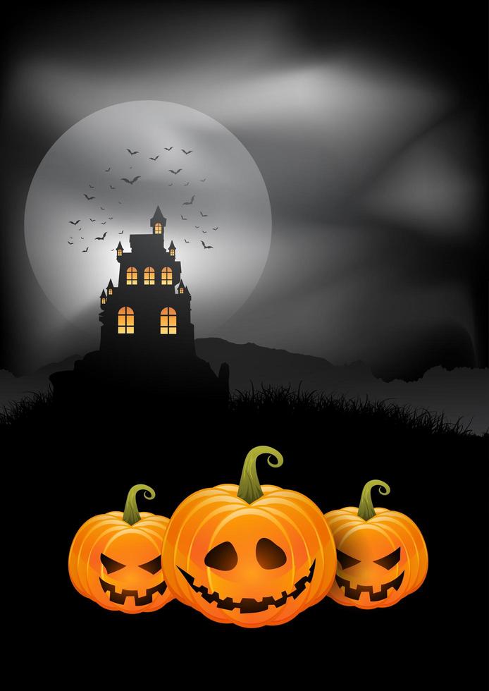 Calabazas de fondo de Halloween y castillo espeluznante vector