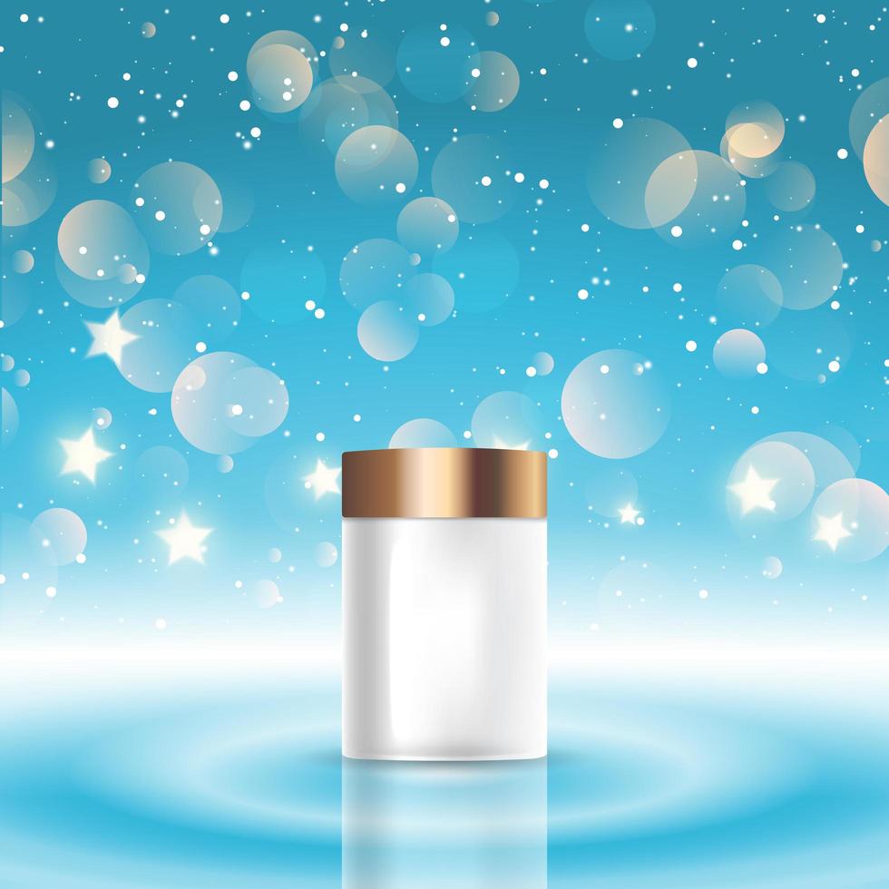 Fondo de Navidad con una botella cosmética en blanco en un diseño de luces bokeh vector