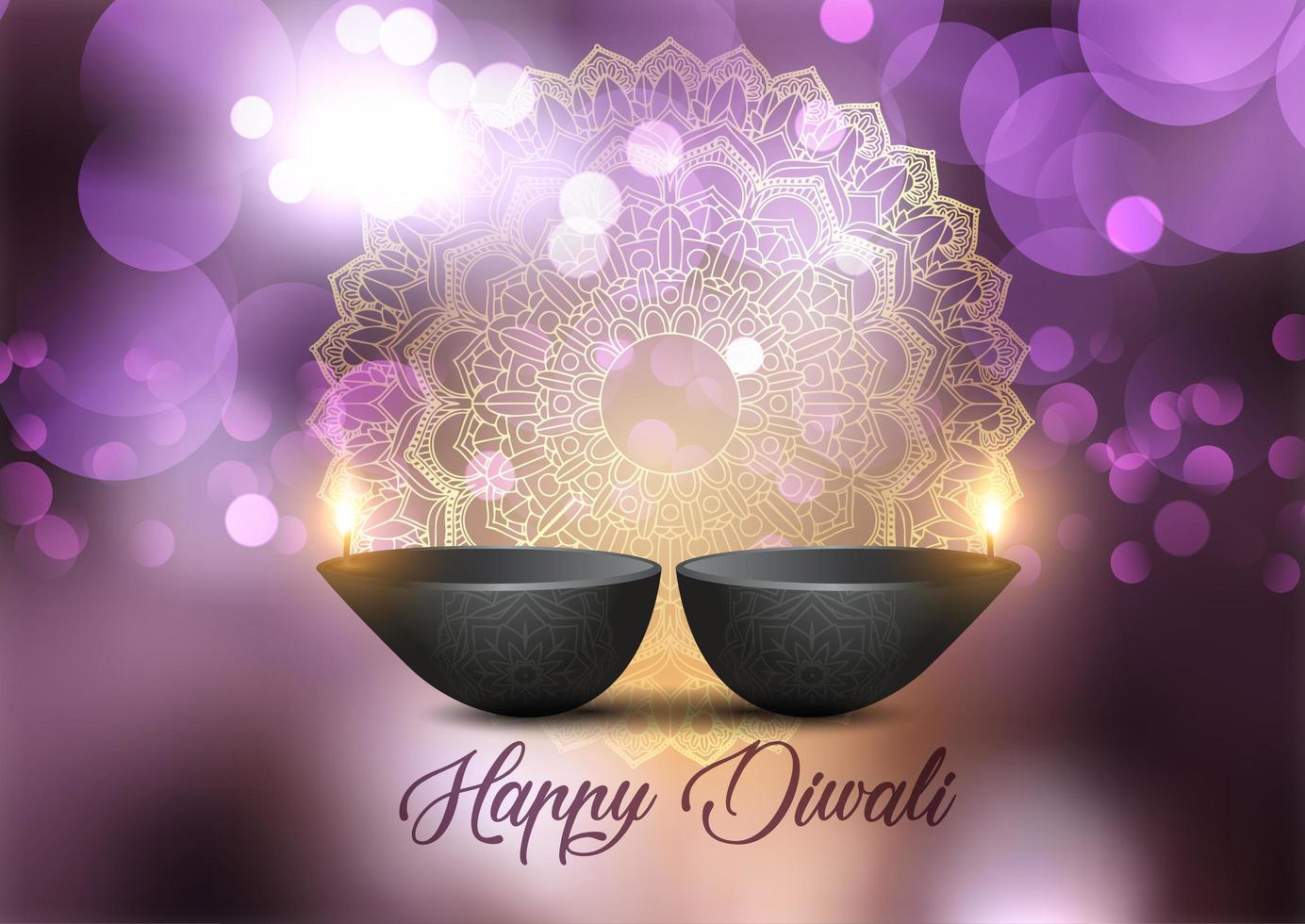 Diwali background with lamps and bokeh lights design vector