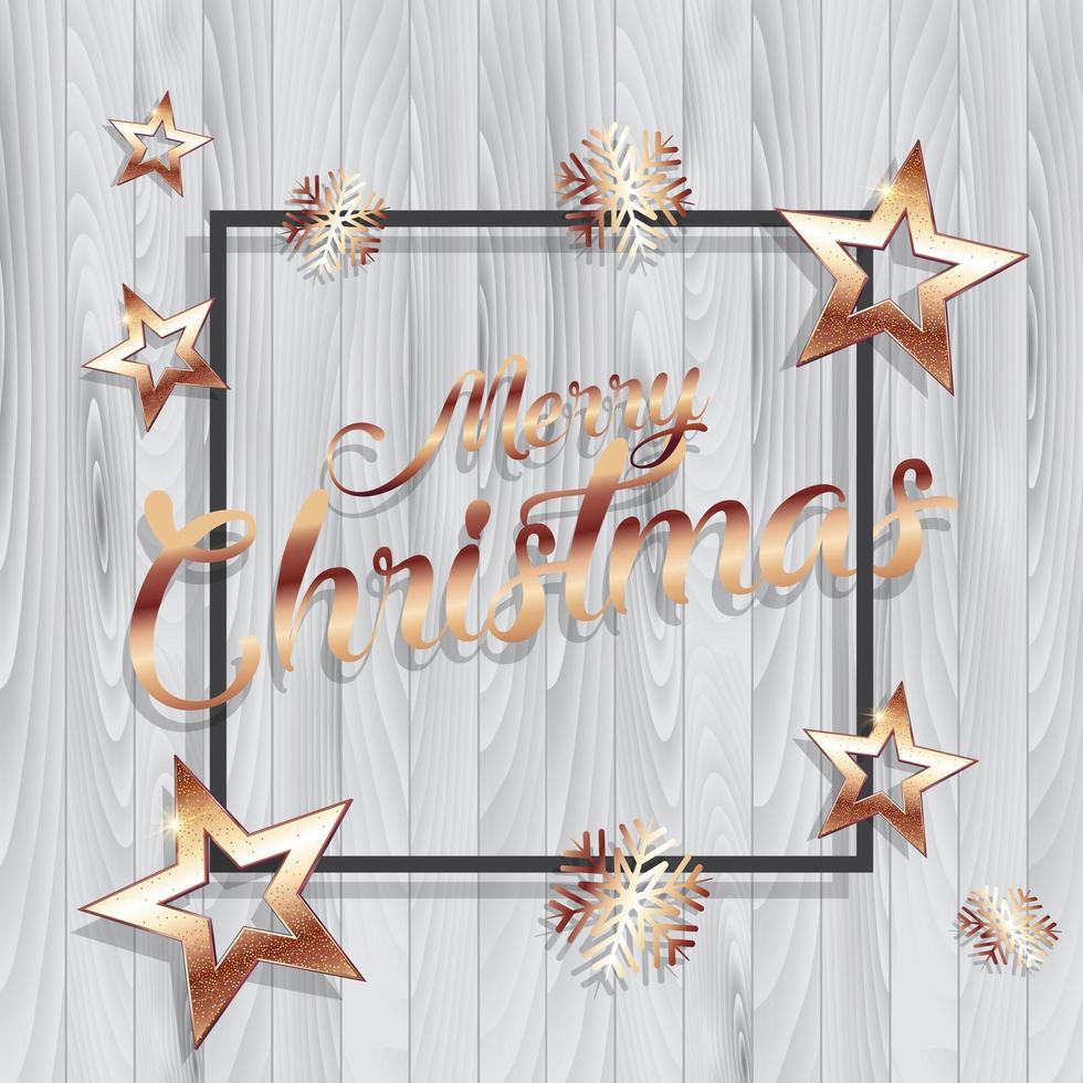 Christmas background with gold stars and frame on wooden texture vector