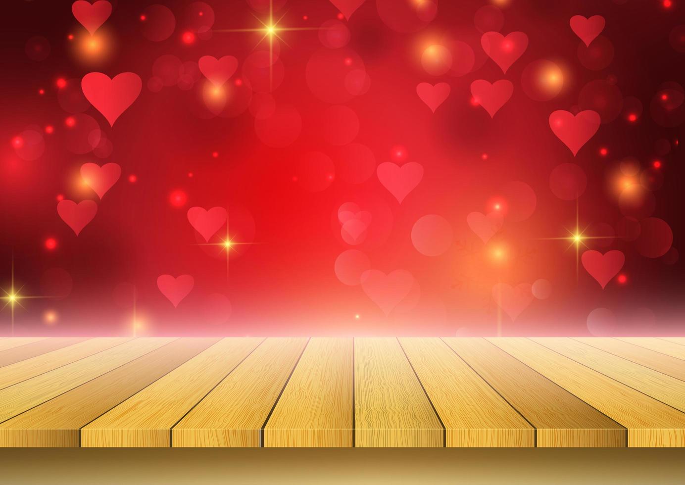 Fondo de San Valentín con mesa de madera mirando al diseño de corazones vector