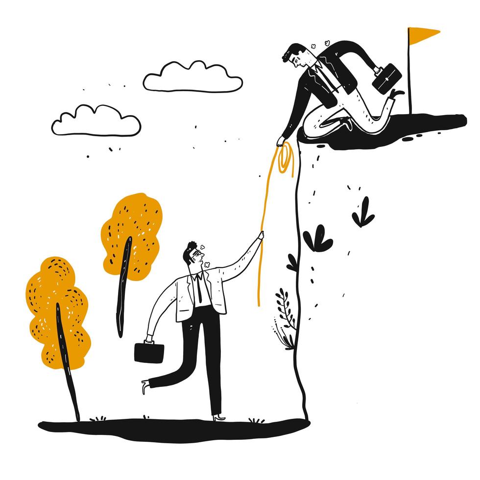 A male businessman is helping a man to climb a steep cliff vector