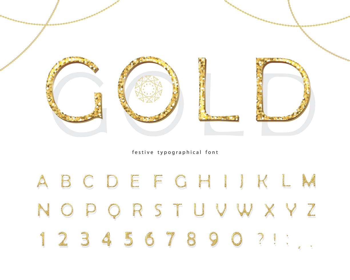 Fuente 3d glitter dorado. Letras y números de oro ABC de lujo. vector
