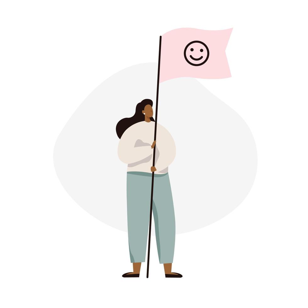 Mujer sosteniendo la bandera con signo de sonrisa vector