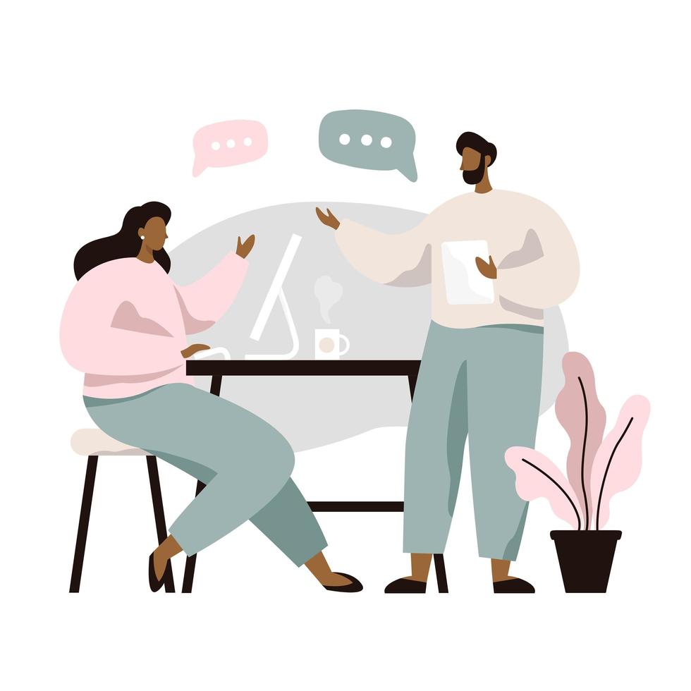 Two People Sitting at Table and Discussing Ideas vector