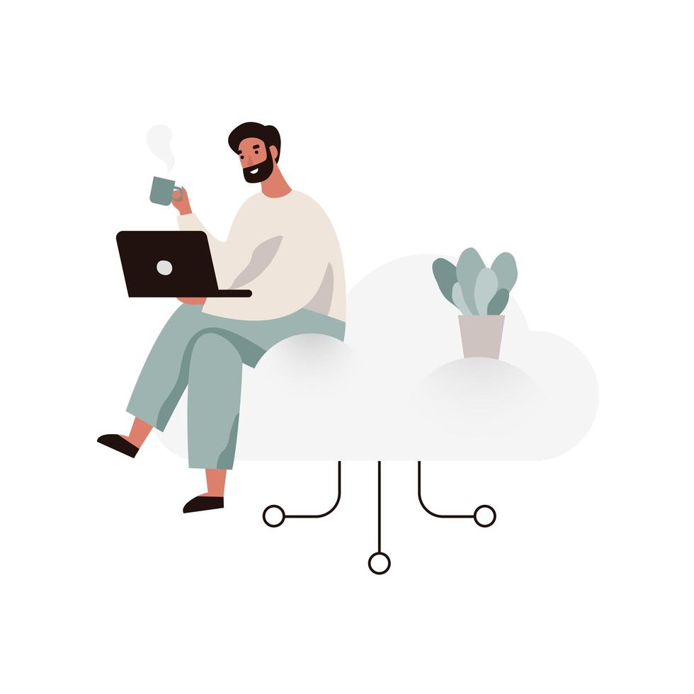 Man Working on a Laptop and Sitting on a Cloud vector