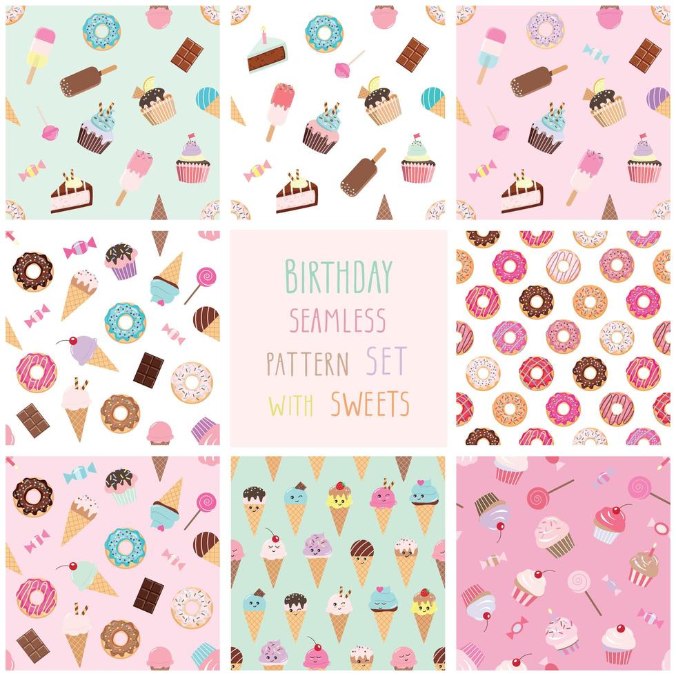 Cute seamless pattern set with different sweets. vector