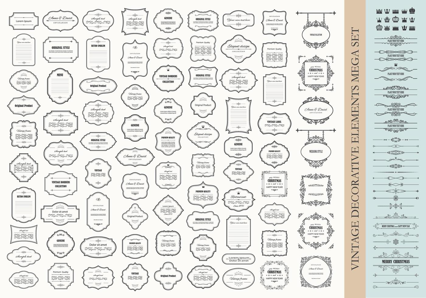 Vintage design elements mega set - frames borders dividers signboards crowns. vector