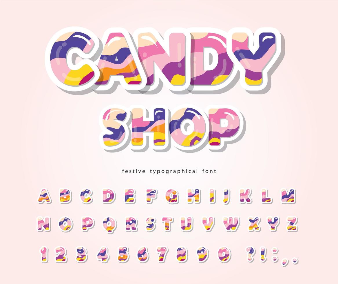 Candy ABC letras y números. Alfabeto 3d brillante. vector