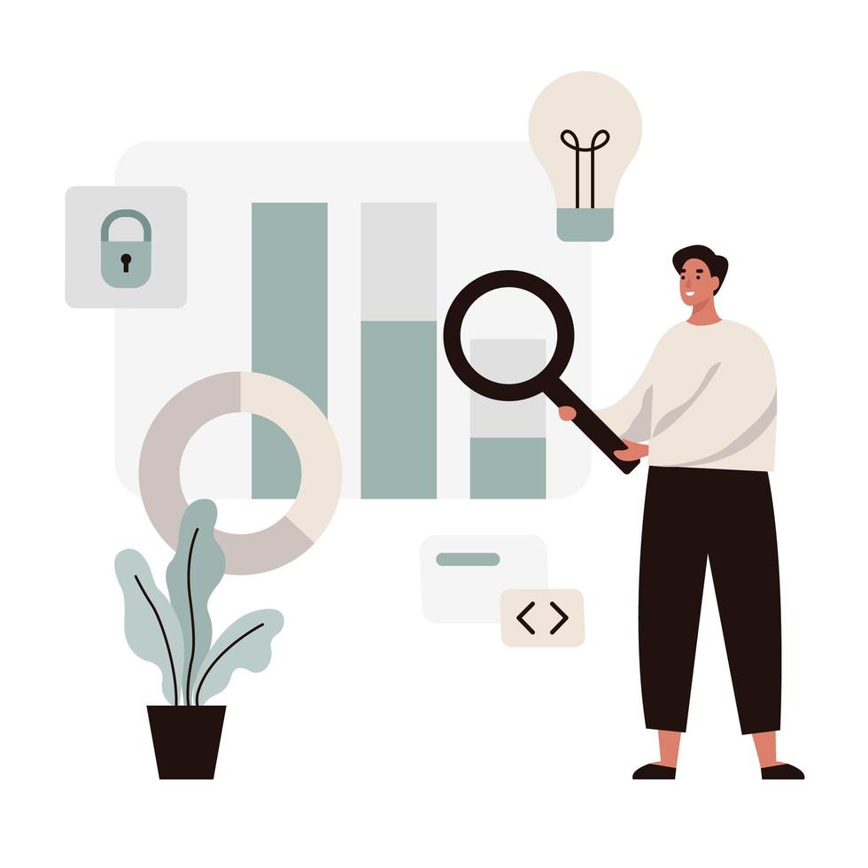 Man Holding Magnifying Glass. Businessman Making Data Analysis. vector