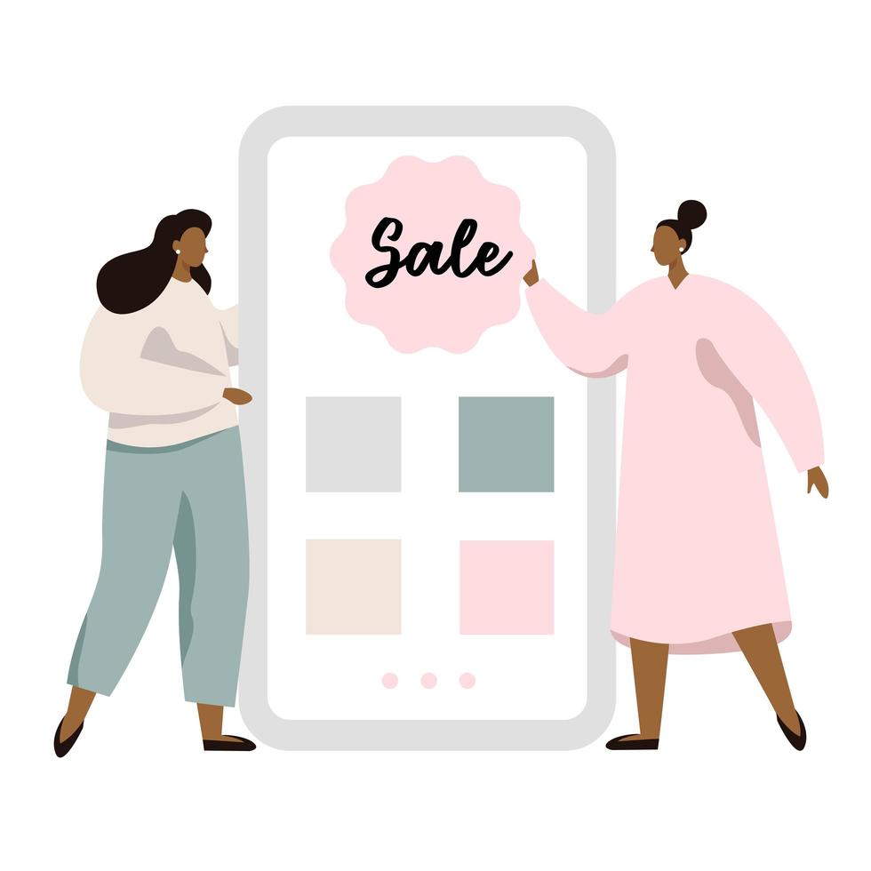 Two Woman Showing Smartphone Screen With Sale Label vector