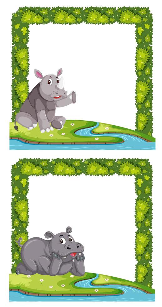 Wild animals on green plant frame vector