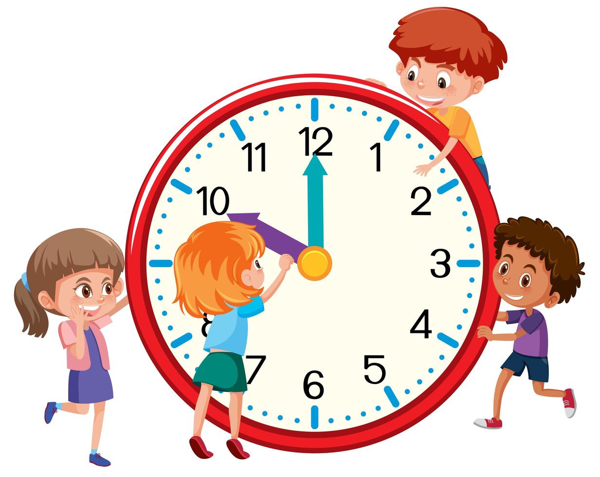 Niños alrededor de un reloj vector