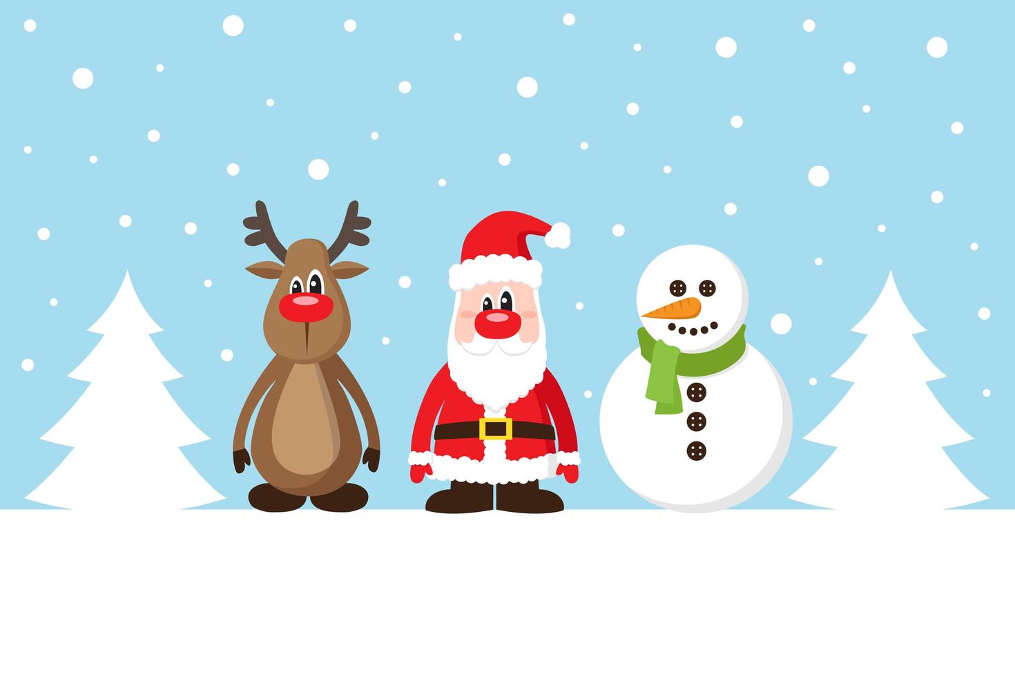 Tarjeta de Navidad con Santa Claus, ciervos y muñeco de nieve en la nieve. vector