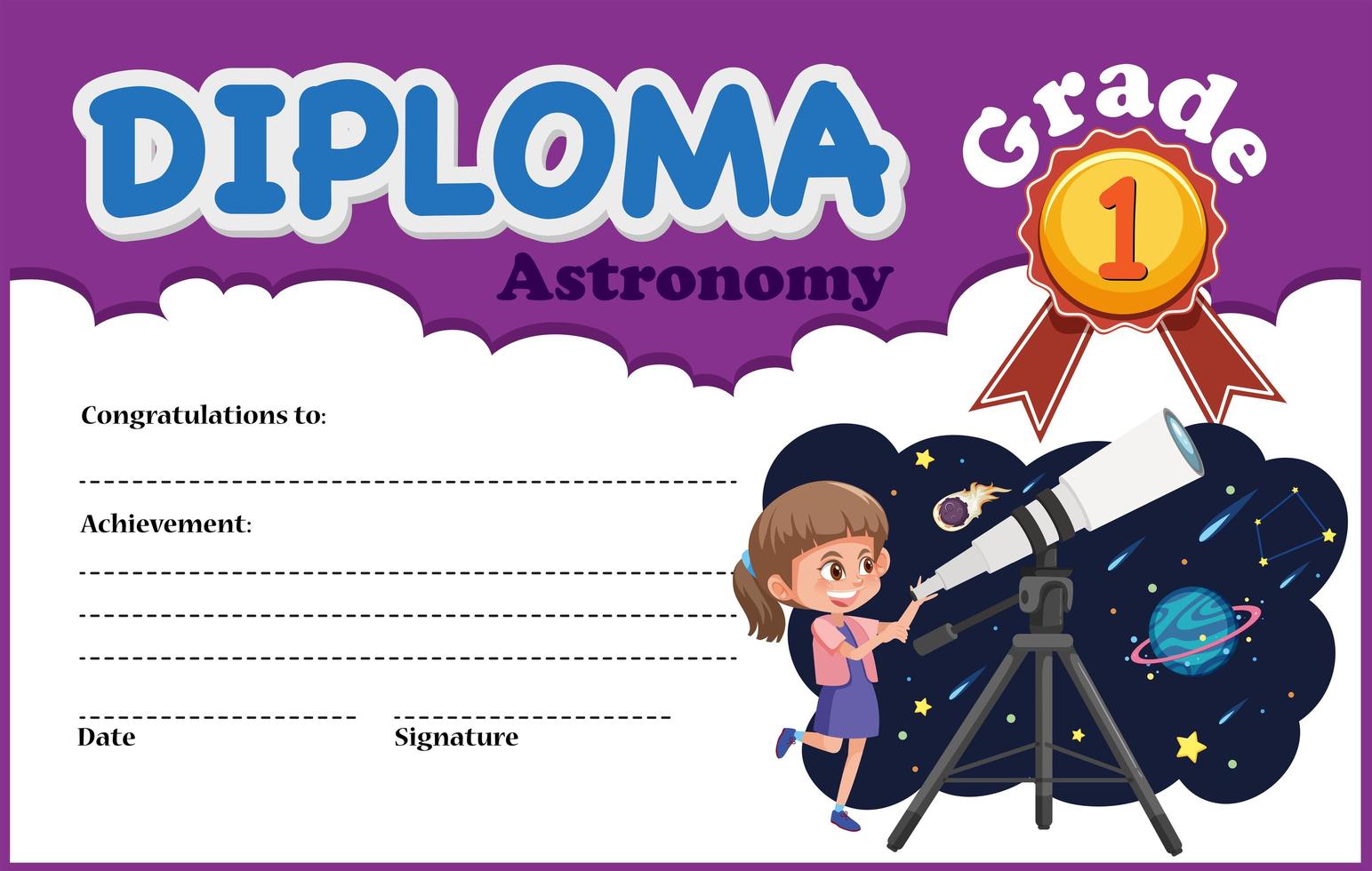 Plantilla de certificado de diploma de astronomía vector