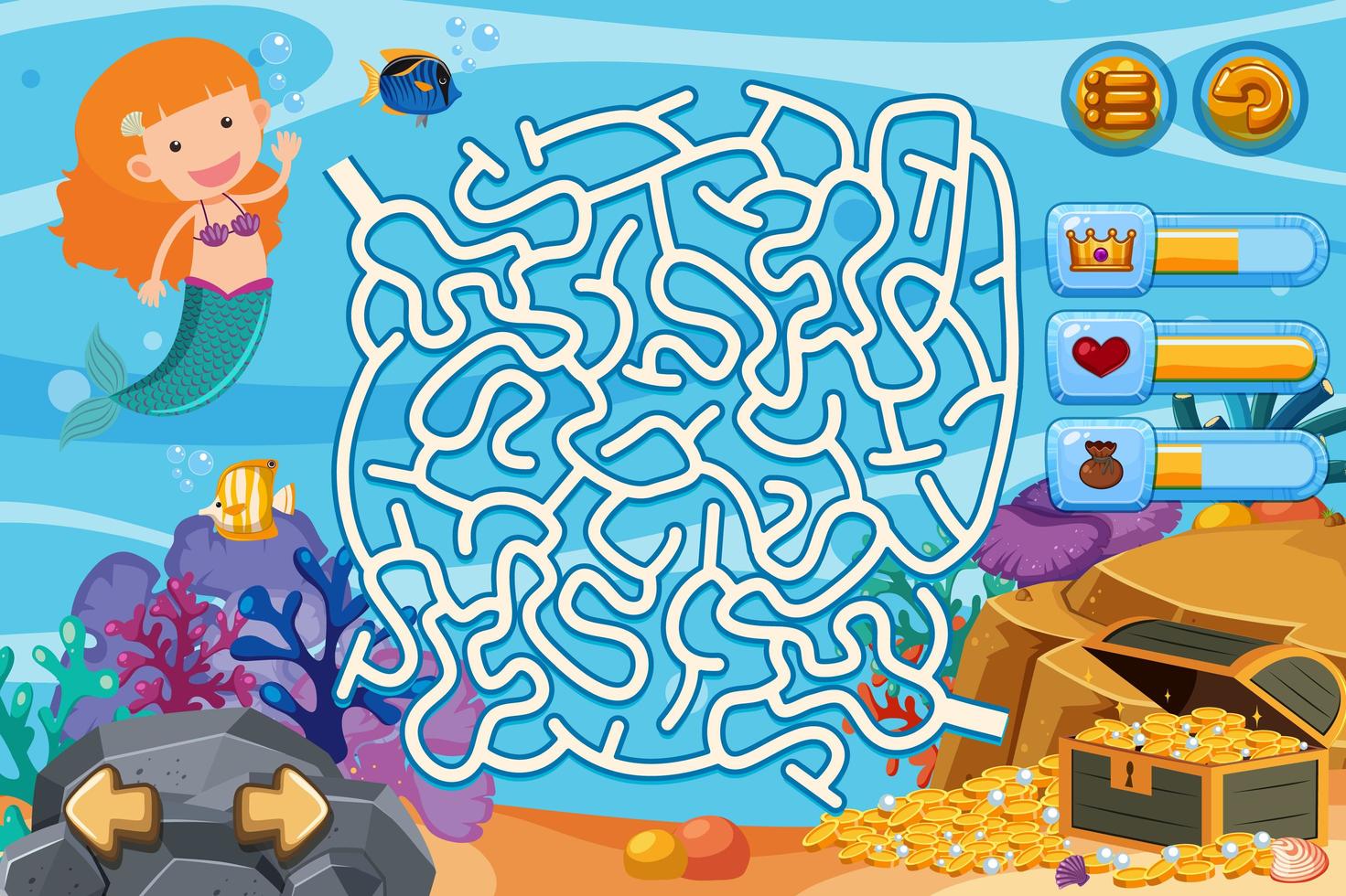 Puzzle game with mermaid and gold coins underwater vector