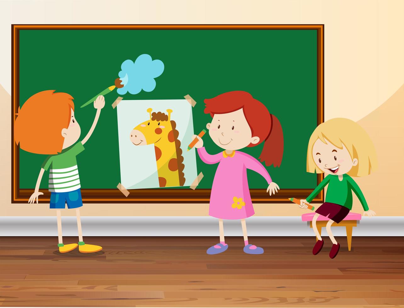 Three students drawing on blackboard vector