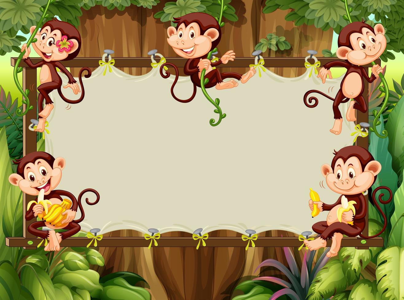 Diseño de marco con monos en el bosque vector