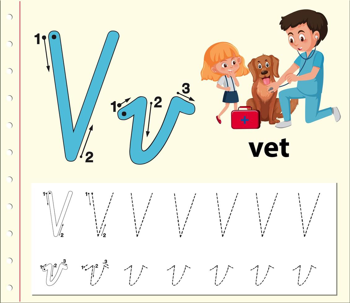 Hojas de trabajo del alfabeto de trazado de la letra V vector