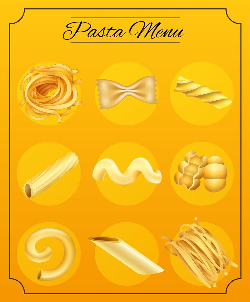 Diferentes fideos de pasta en el menú vector