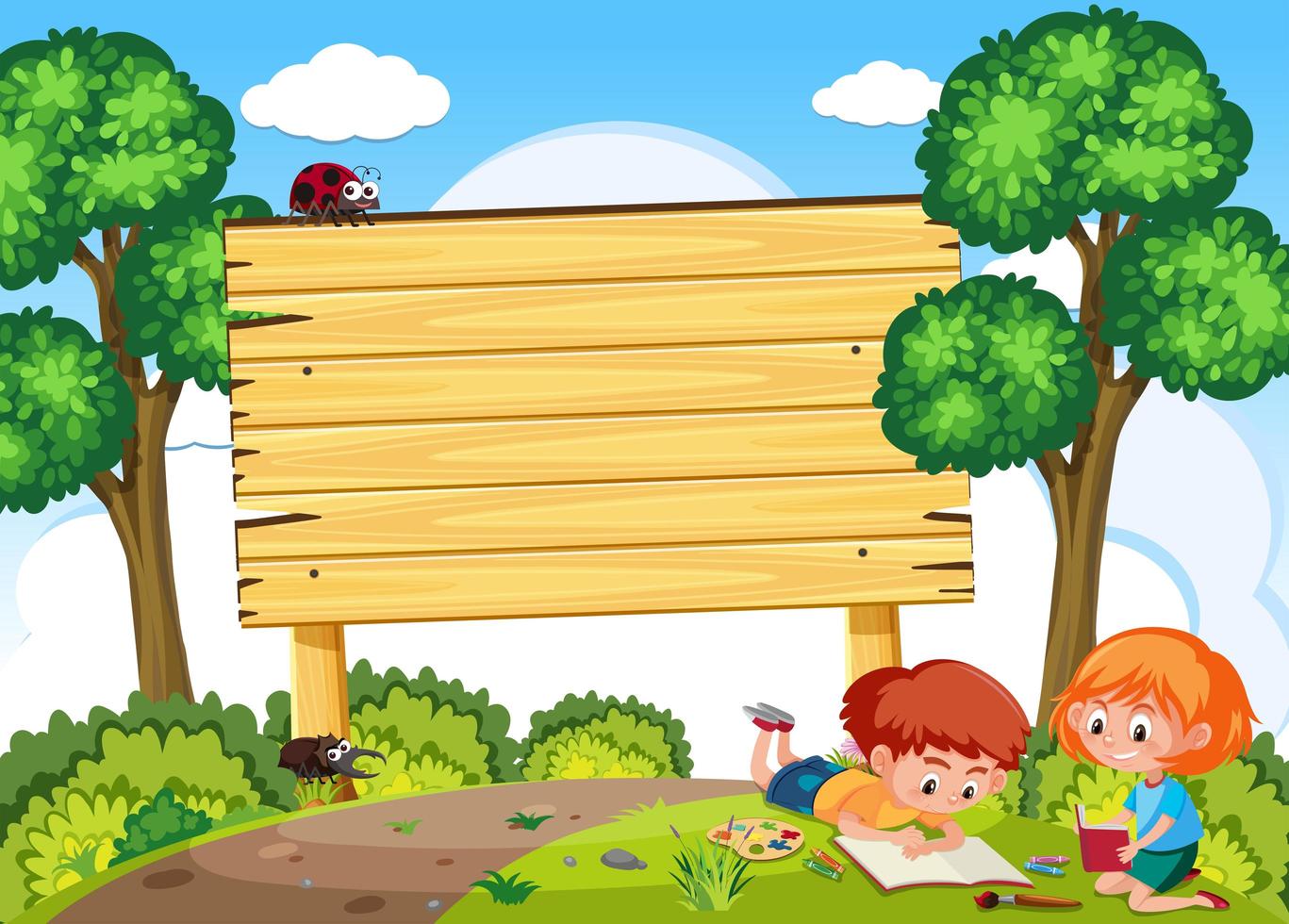 Children study in nature and signboard vector