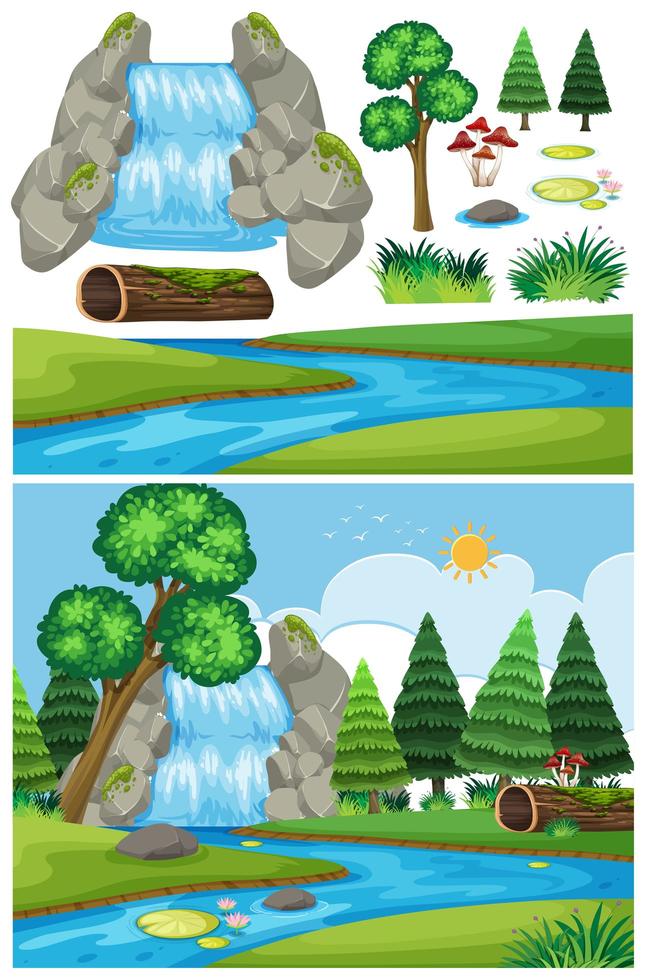 Paisaje natural de cascada con árboles vector