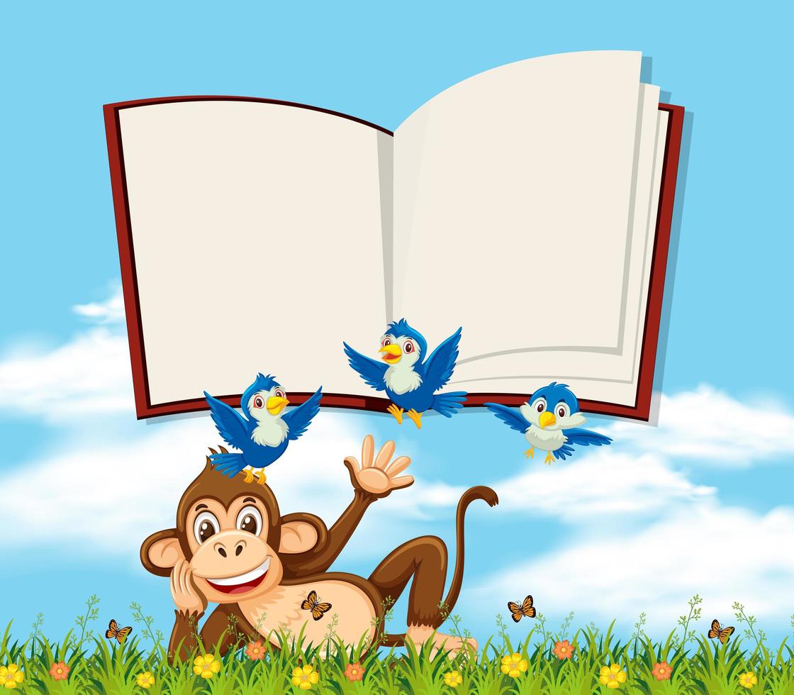 A monkey in nature with blank book template vector