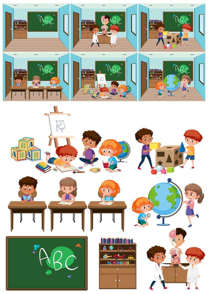 Set of kids in classroom vector