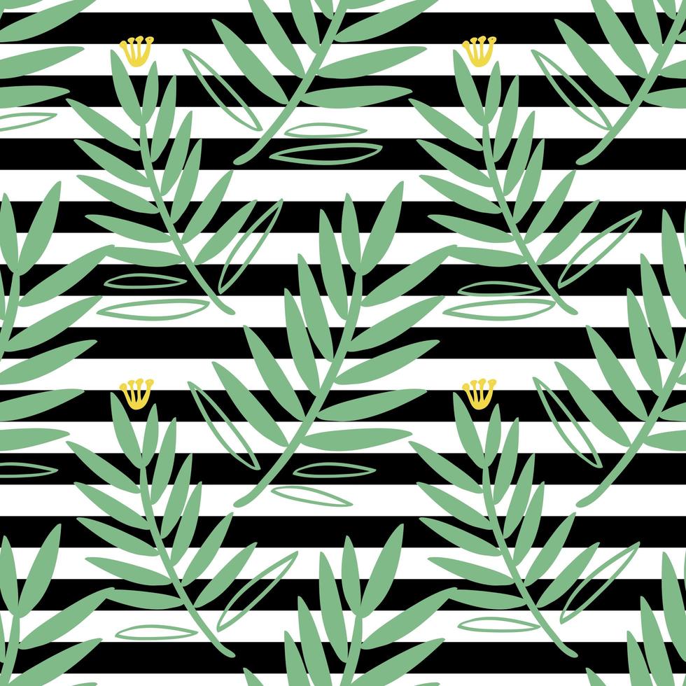 seamless green hand drawn leaf pattern on stripe background vector