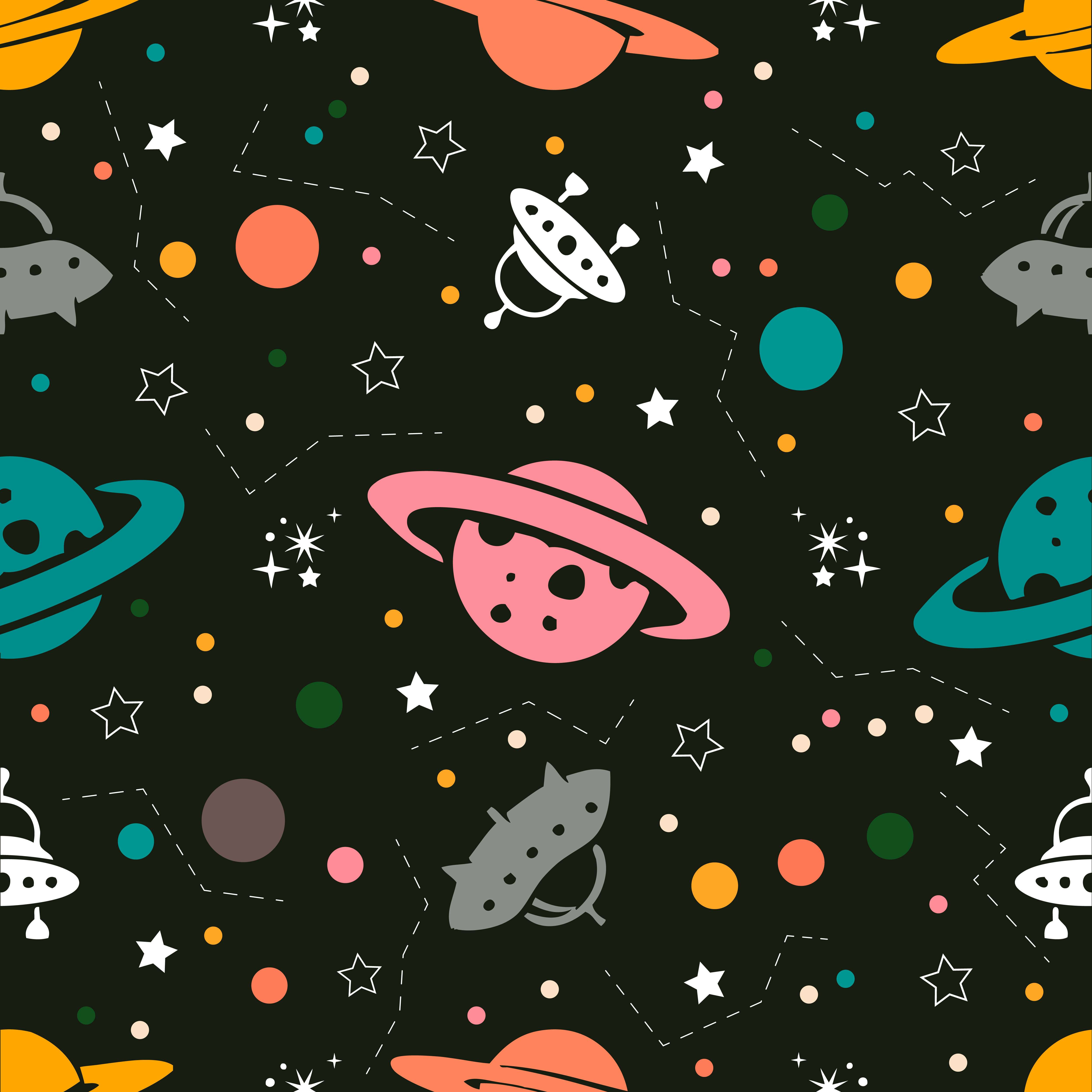 Seamless colourful space pattern background from rockets and