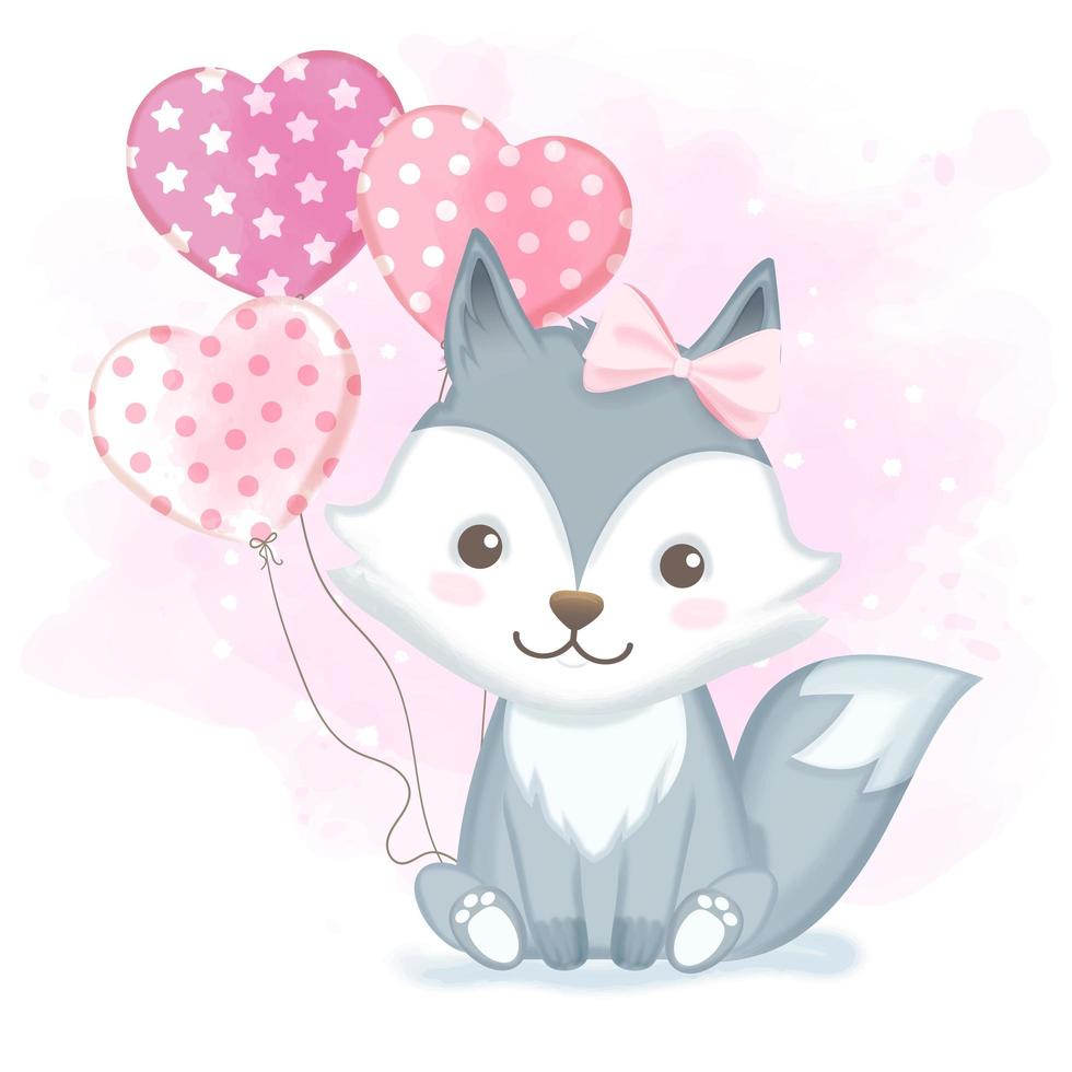 Fox with balloon hand drawn illustration vector