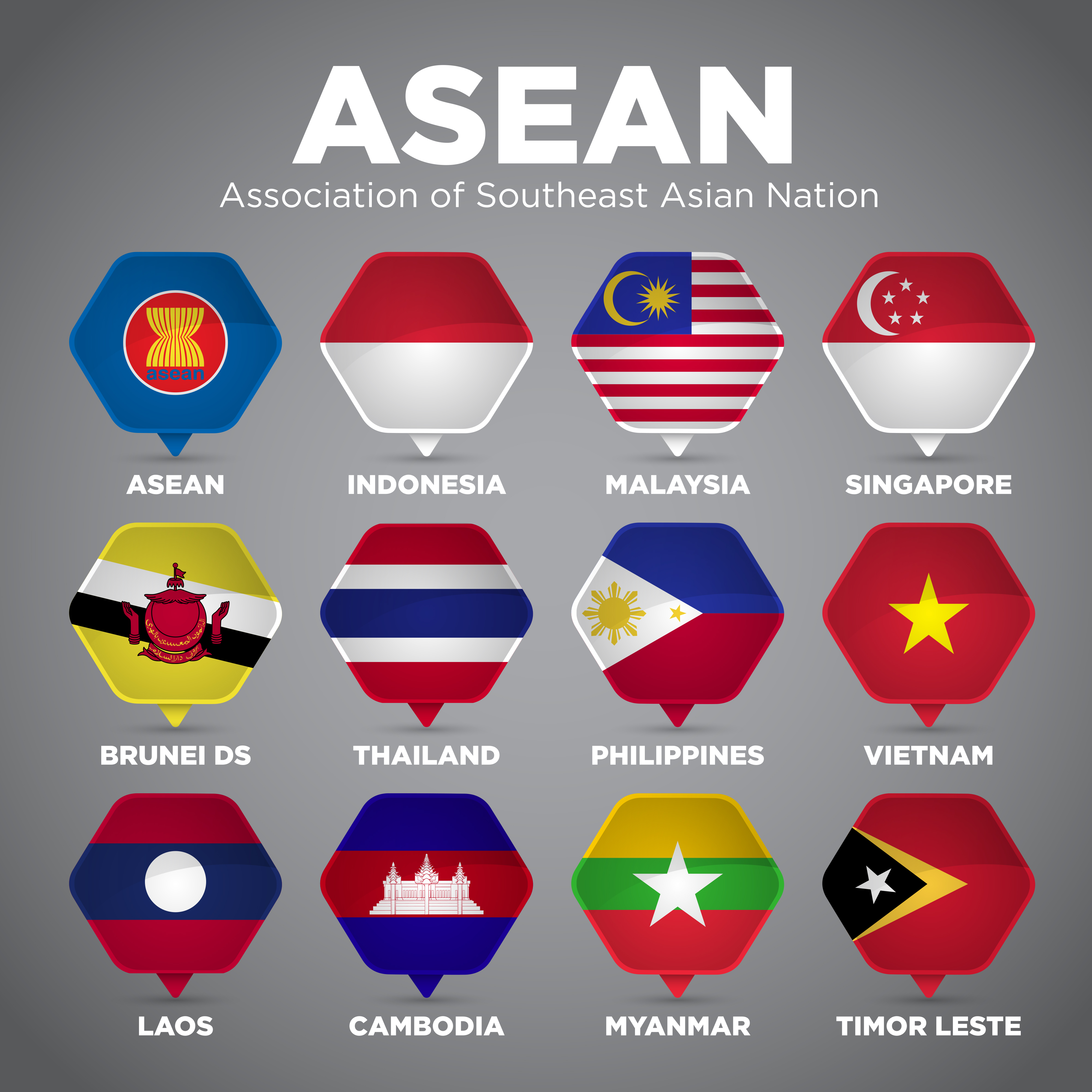 ASEAN Pin Point Nation Flags 695271 Vector Art at Vecteezy