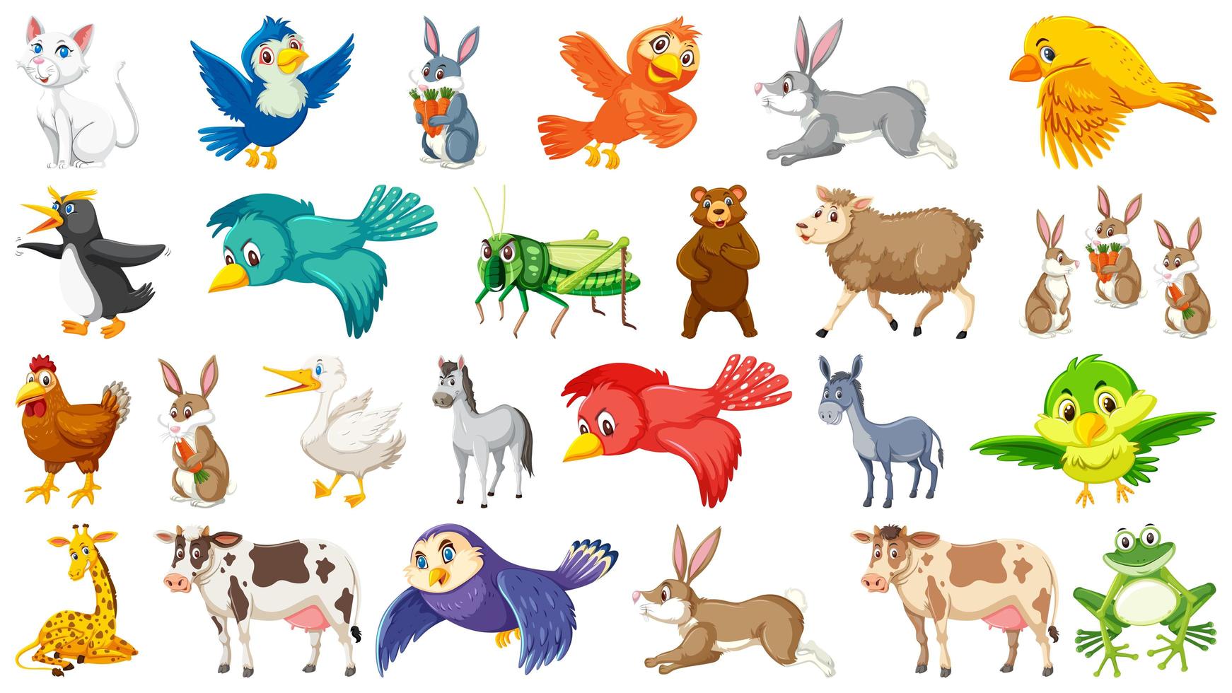 Conjunto de personajes de animales y pájaros vector