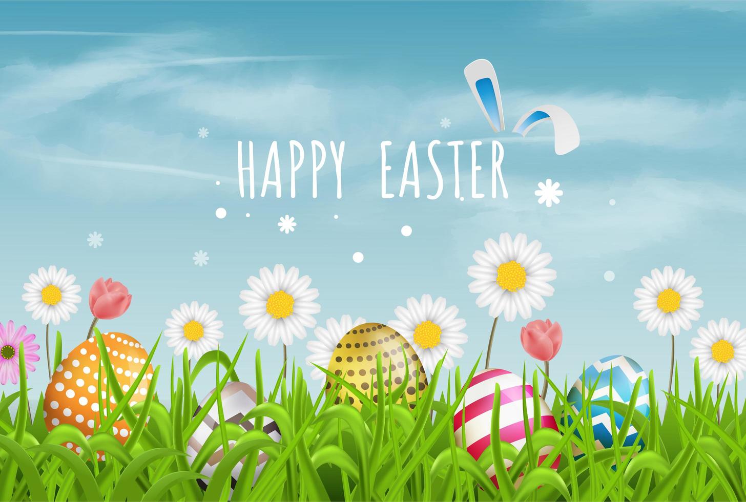 Colorido patrón de línea de huevos de Pascua y flores de primavera en pasto con hermoso cielo vector