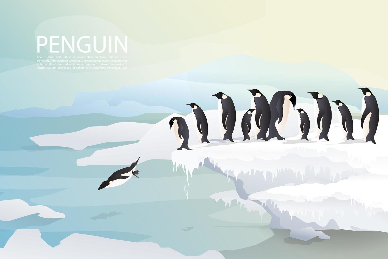 Pingüinos y familia sobre fondo de hielo vector