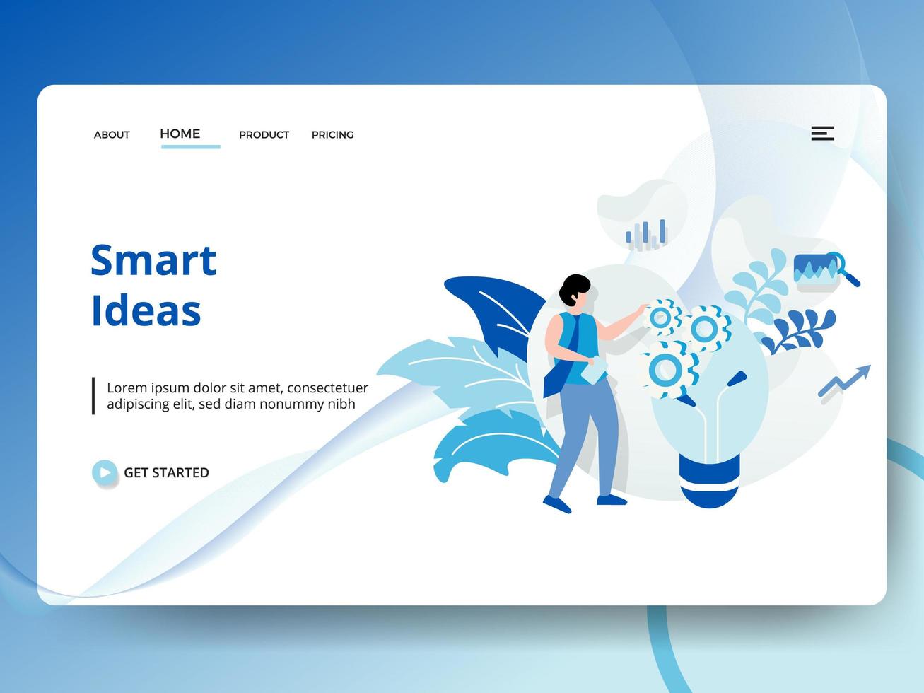 Smart Ideas Landing Page with Worker, Light Bulb and Gears vector
